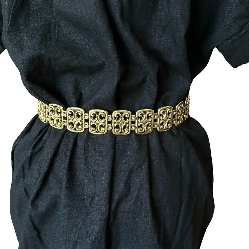 Brighton Black Leather Belt Antique Gold Open Scrollwork Panel Links Size MEDIUM